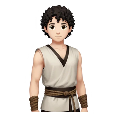 medieval summer outfit worn by a DnD themed fantasy male character. basic sleeveless cotton tunic with a V-shaped neckline and a thin rope belt. clothes only above the waist. The clothes full waist. The character's haven't arms. character is white-skinned, black hair, brown eyes, short curly hair. sticker