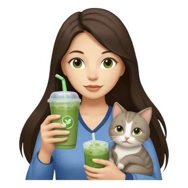 a brunette woman with long hair in here 30S drinking an iced matcha, carrying a grey cat and a map of the world sticker