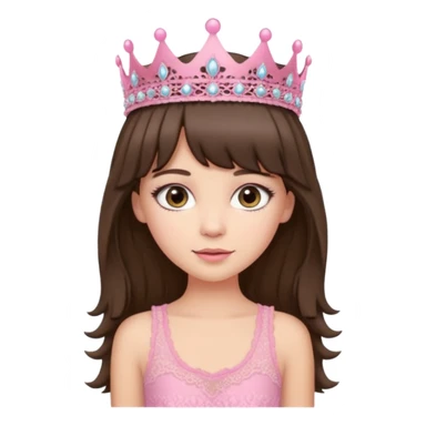 super long haired brunette with middle part curtain bangs cute pink lacy tank with a pink tiara on head, white but with a little bit of tan sticker