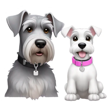 A big gray schnauzer with dark eyes wearing a black collar with a silver dog tag next to a small all white puppy schnauzer wearing a pink collar  sticker