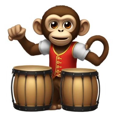 the monkey is beating the kettledrums and is wearing a red vest sticker