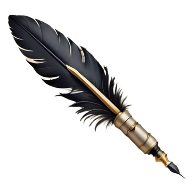 Create a delicate, artistic emoji representing poetry. The design should include a black fountain pen or quill with ink flowing gently onto a piece of parchment or scroll. Add soft, flowing lines to represent the fluidity of verse and creativity. Include elements like a small ink bottle or a feather in the background, and subtle accents of gold or silver to evoke elegance and inspiration. The overall design should feel light, romantic, and whimsical. Make the background transparent. sticker