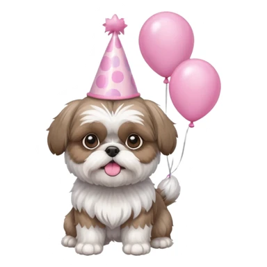 cute shih tzu hold a few pink balloons  with pink birthday hat sticker