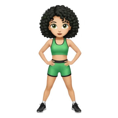 woman with olive skin and curly black hair wearing a green workout outfit (shorts) and standing in a disco pose sticker