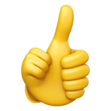 Apple-style 3D illustration of a single yellow emoji hand giving a thumbs up gesture, glossy and rounded, centered on a clean white background, soft shadow underneath, isolated and minimal design sticker