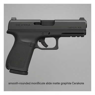 side profile of the Dextra Viper X5 pistol, highlighting smooth rounded monolithic slide with matte graphite Cerakote finish, subtle top serrations, flush-fit ported barrel, no front rail, optic-ready slide cut, minimalist and snag-free design sticker