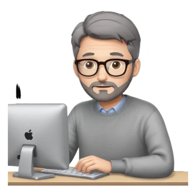 Profesor de pelo gris marrón oscuro con gafas un poco de barba jersey gris y un ordenador los óleos son marrones con poca cantidad de pelo sticker