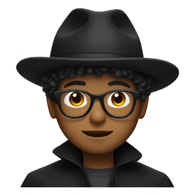 A boy with a wide-brimmed black hat, optical glasses, and a black coat sticker