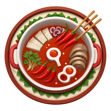 A hot pot emoji in top-down view. The pot is divided into two sections: one with spicy red broth filled with chili peppers, and one with mild white broth. Surround the pot with rolled slices of meat, vegetables, and mushrooms.The meat outside the pot sticker