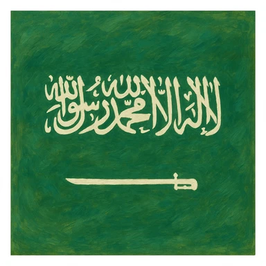 ghibli style painterly Saudi Arabia flag with green background, white script and sword sticker