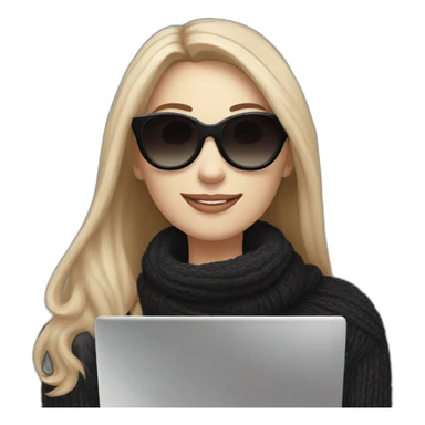 smiling woman with pale skin middle brown long straight hair with a laptop and a coffee mug wearing a black woolly shirt and a black woolly scarf wearing heart shaped black sunglasses sticker