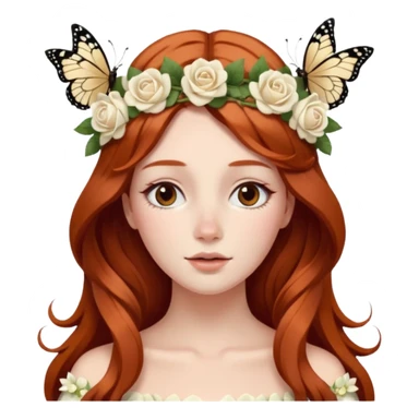 Woman with long flowing auburn hair wearing a flower crown with white and cream colored roses and butterflies in it sticker