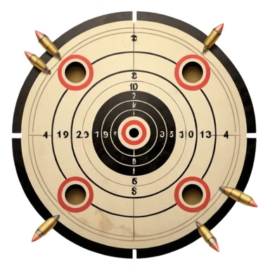 Paper target with bullet holes clustered in the center and spent shell casings below sticker