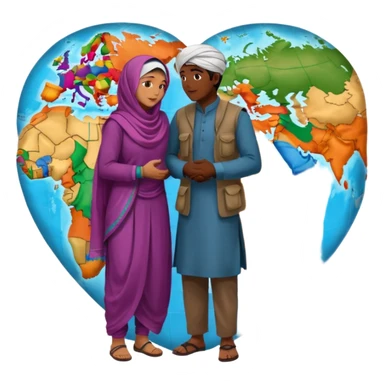 An emotional artistic illustration of an Indian man and an Afghan hijabi girl standing on the maps of India and Afghanistan, symbolically embracing each other  from in front side  despite the distance, showing love beyond borders. sticker