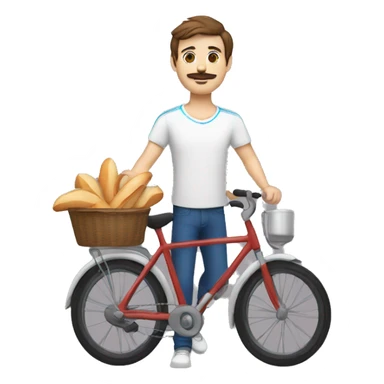 white man with brown hair a moustache and wearing a white t-shirt with several blue stripes, on a bike, wearing a red scarf and holding a baguette sticker