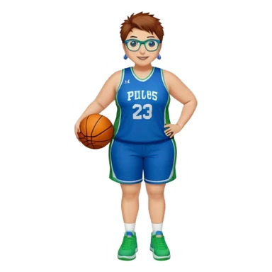 Full Body plus size white female basketball player with short medium brown hair with carmel highlights spikey hair wearing blue glasses 
 wide nose wearing blue green uniform  green sneakers smiling wearing earrings sticker