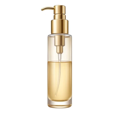 elegant semi-transparent pump bottle filled with pale golden to clear liquid, slightly glossy and lightweight, cylindrical bottle with curved pump top and clean lines, skincare product style, no label, no extras, soft lighting, subtle shadows, emoji scale sticker