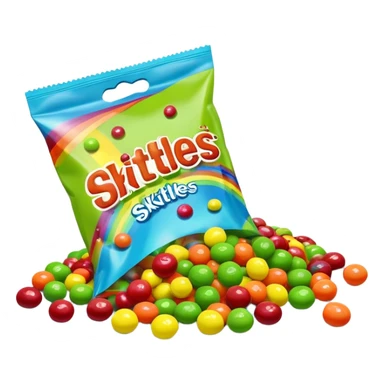 Regular colorful rainbow Skittles candy package spilling only green round candies, standard colorful Skittles packaging with only green Skittles coming out sticker