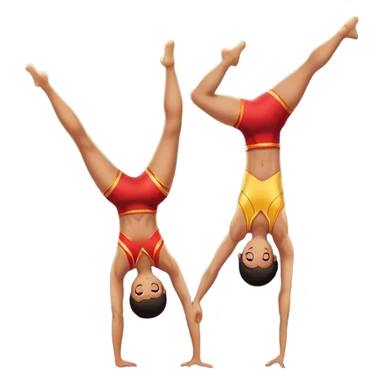 A skilled acrobat performing a handstand with perfect balance, while another acrobat gracefully flips in the air, showcasing their strength and precision. The background features a large gymnasium with bright lights and cheering audience, symbolizing adult acrobatics as a coordinated sport. sticker