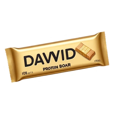 protein bar gold wrapper that says David on it in black font with a small brown box on it  sticker