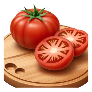 Cinematic juicy ripe tomatoe, deep red, slightly dewy, arranged on a wooden cutting board, soft glowing background, rich and flavorful. sticker