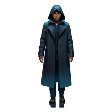 Movie Poster: A tense, gripping design with dramatic lighting. Include a mysterious figure in a dark coat standing in a rain-soaked alley, with glowing neon signs in the background. Shadows loom, and ominous shapes emerge from the mist. Suspenseful and cinematic atmosphere. Transparent background. sticker