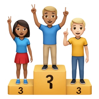 three casually dressed multi-racial people on a winners podium, center step higher, no numbers, center person holds up one finger on each hand, excited, fun, expressive emoji style sticker