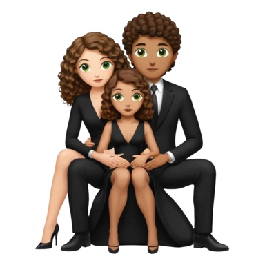Sensual woman green eyes brown long curly hair evil occult,with 7 inch platform stripper high heels long low cut black dress, holding a tan man, sitting on a buzz cut hair brownman’s pimp lap, holdingwomans butt man is wearing a black suit sticker
