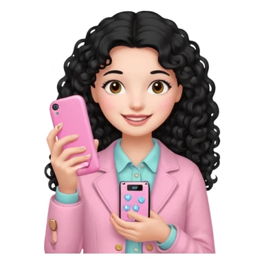 Girl with long curly black hair and vintage pastel pink clothing Holding a pink cell phone sticker