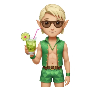 elf male legolas portrait, patterned board shorts (geometric/abstract), unique wooden-framed sunglasses, undercut hairstyle, slight smirk, visible pointy ears, no background, centered emoji, hipster summer vibe coctails sticker
