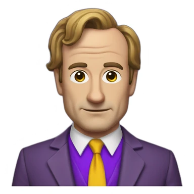 Saul goodman with a purple suit, yellow blouse and a dotted tie sticker