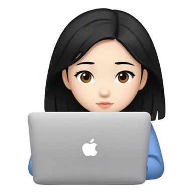 Asian girl with black hair sitting and watching a MacBook laptop sticker