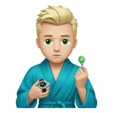 A white man with green eyes, medium-length blond hair in a low mohawk, wearing a blue Cartier watch on his wrist and a luxurious black and white bathrobe, appearing to be about 14 years old, with messy hair and a white pacifier in his mouth. sticker