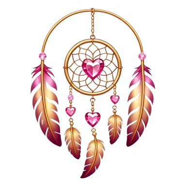 Reddish-pinkish and golden warm-colored romantic lush beautiful pretty hanging crystal-catcher aesthetic with hearts and sparkles and feathers sticker