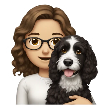 Girl with brown hair and glasses with a black and white bernadoodle dog sticker