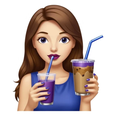girl with long brown hair, wine lipstick, gold nail polish, drinking a blueberry butter pecan iced coffee with a metallic straw  sticker