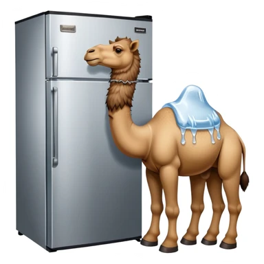 A desert camel head and neck attached to a stainless steel refrigerator body with ice dispenser, wearing classic Timberland-style work boots sticker