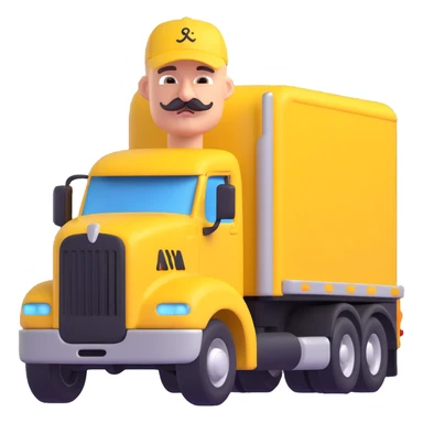 bald truck driver with mustache and baseball cap driving yellow semi sleeper truck sticker