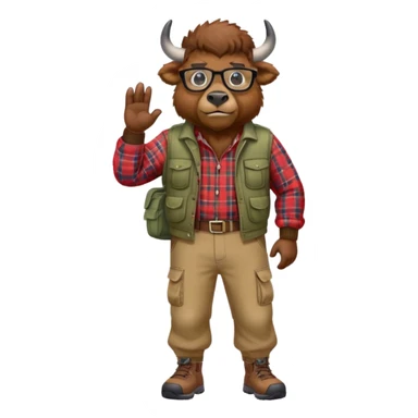 friendly anthropomorphised bison in cargo pants and plaid shirt, wearing glasses, jogging upright sticker