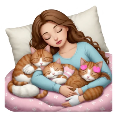 girl with long wavy brown hair, brown eyes, long lashes makeup, sexy pink lips, light to medium complexion,  sleeping on a cozy pillow, with 6 cats: 1 brown and white tabby cat, 1 ginger and white, 2 grey and white, 1 grey with white mittens and small white patch on chest and 1 calico, sleeping sticker