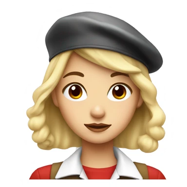 blonde girl, red eyes, white buttoned shirt, beret sticker