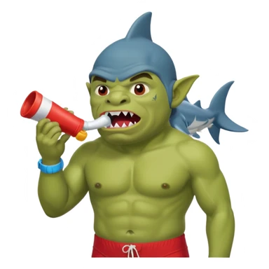 orc male in shark floatie, blowing whistle. Red swim trunks sticker