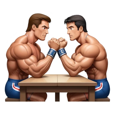 Arnold Schwarzenegger VS Sylvester Stallone from 'Over the Top,' locked in an arm wrestling battle, using only their right hands. Their left hands rest on the table. Both display immense strength, with muscular arms flexing, under bright competition lights. Transparent background. sticker