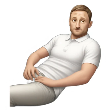 tim robinson very tired laying down on a red couch in a long sleeve white polo shirt, chest up clean shaven, laying flat across couch, arms at side sticker