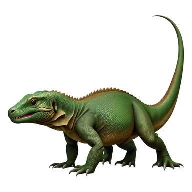 cinematic-komodo-dragon-realistic-full-body-on all fours-emoji,-massive-scaled-body-poised-with-quiet-power,-rough-textured-skin-dark-green-and-brown,-head-tilted-dramatically,-long-forked-tongue-flicking-out,-simplified-yet-realistic-focused-features,-highly-detailed,-glowing-with-an-almost-sarcastic-glow sticker