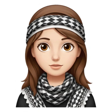 A girl wearing a Palestinian keffiyeh, brown hair, beautiful, and fair-skinned, a teenager sticker