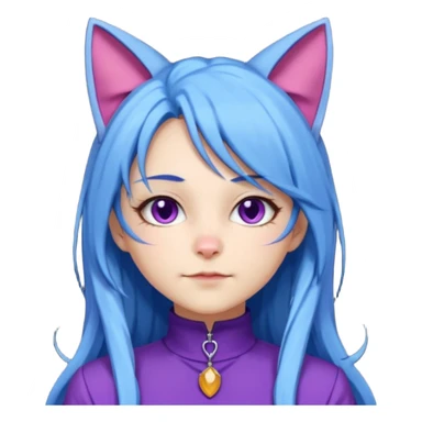 The image is a 3D rendering of a female character with long blue hair and cat ears on her head. She is wearing a purple outfit with a high neckline and long sleeves.  sticker