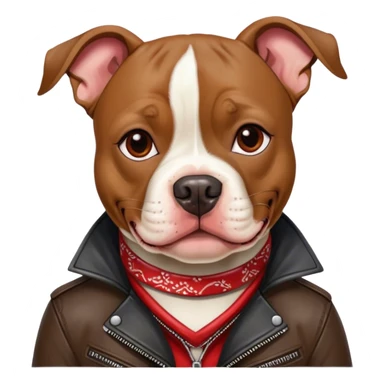 American Pit Bull Terrier mixed with a boston terrier, wearing a leather jacket and a red bandana around its neck sticker