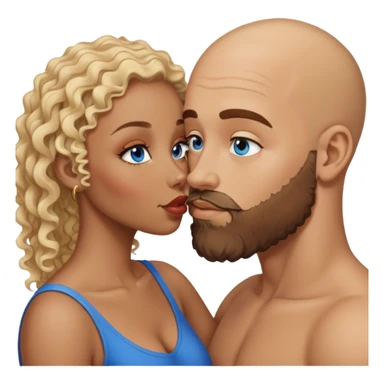 bald head man with brown eyes and beard kissing African woman with blue eyes and curly blonde hair sticker
