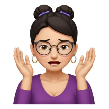  middle aged woman with dark hair pulled up in a high bun, wearing round ring earrings and glasses, expression extreme pain on her face, covering her ears with her hands very painful expression on her face, eyes squeezed shut, wincing in pain covering her ears with her hands sticker